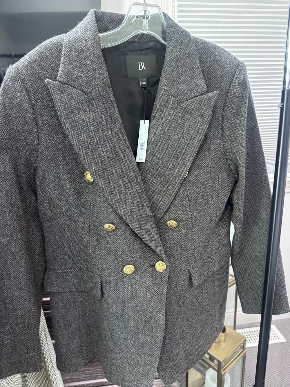 NWT Banana Republic Gray Herringbone Double-Breasted Blazer with Gold Buttons 12